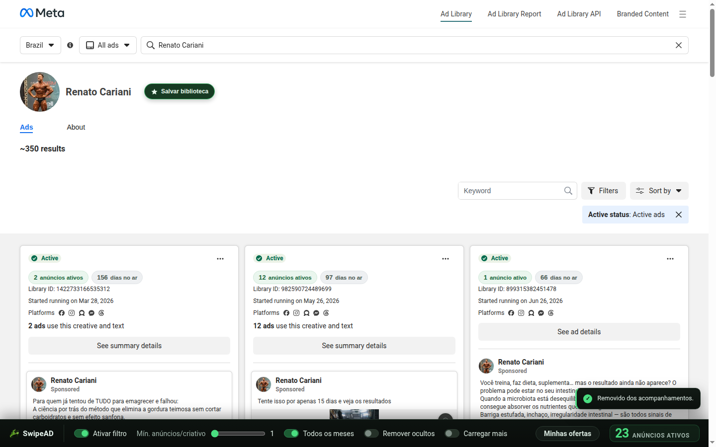 Oferta na Ads Library antes das ações.